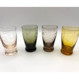 Set Of Four Asst. Colors Vine Wheat Pattern Etched Cordial/Shot Glass MCM Japan